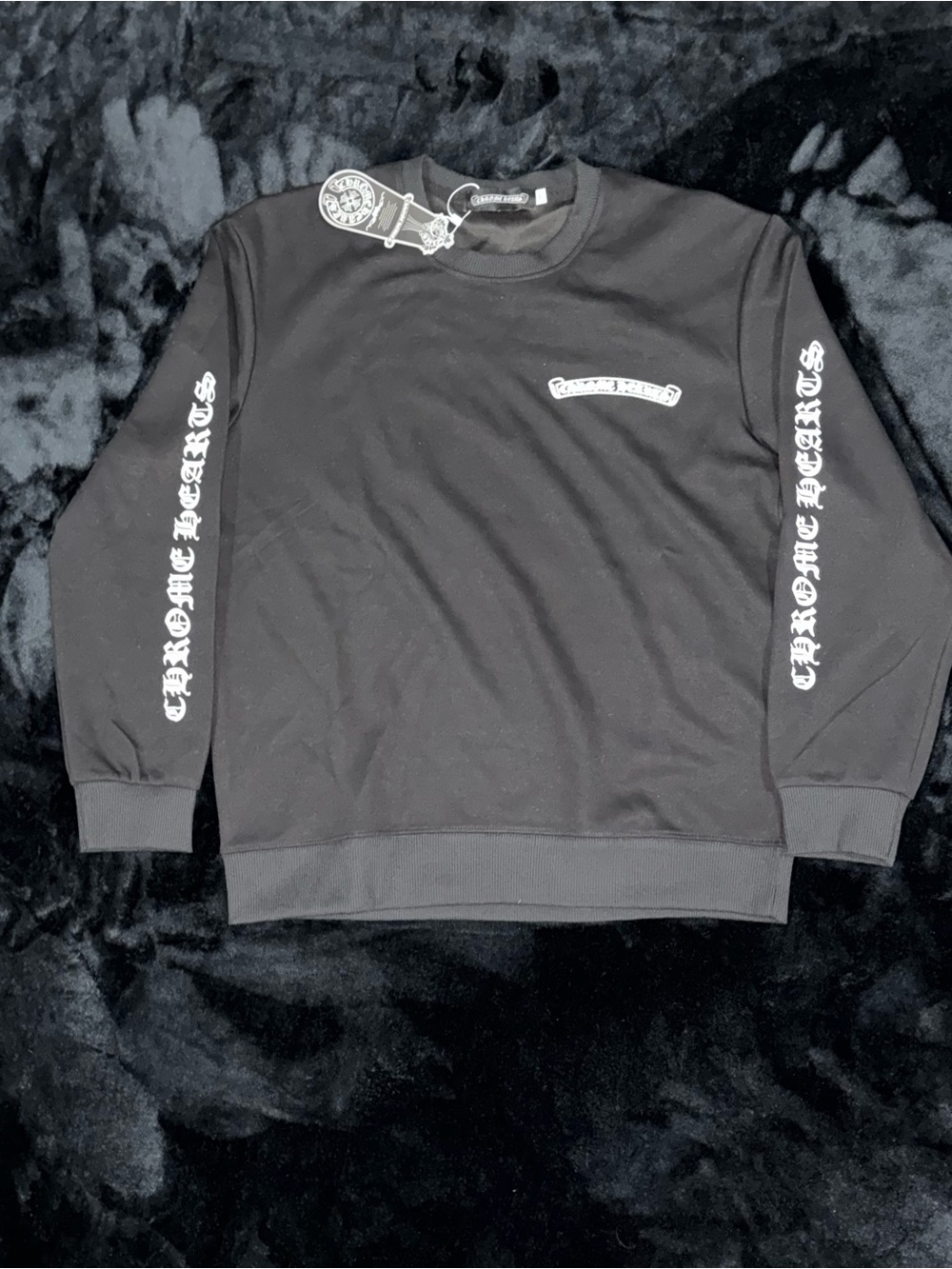 Chrome Hearts Black Crewneck Sweatshirt with White Sleeve Logos
